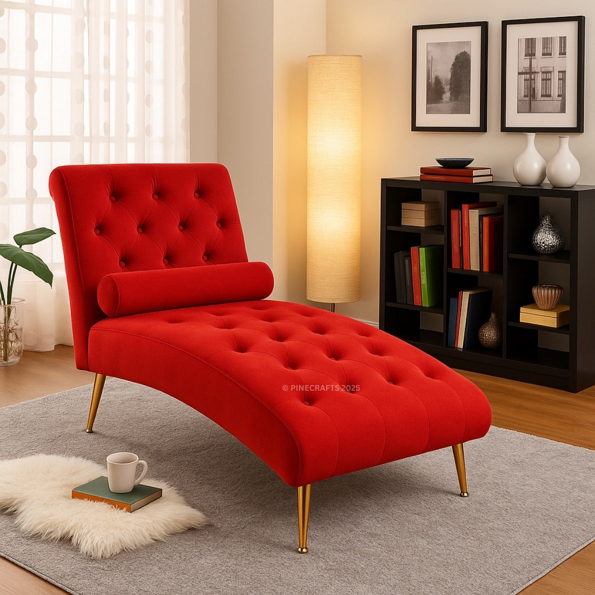 Red tufted chaise lounge in a living room setting with a bookshelf and lamp.